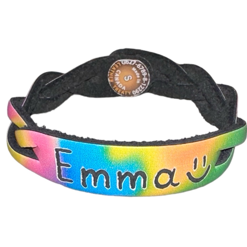 Personalized “Emma” Tie Dye Rainbow Leather Treaty Braided Bracelet Multicolor